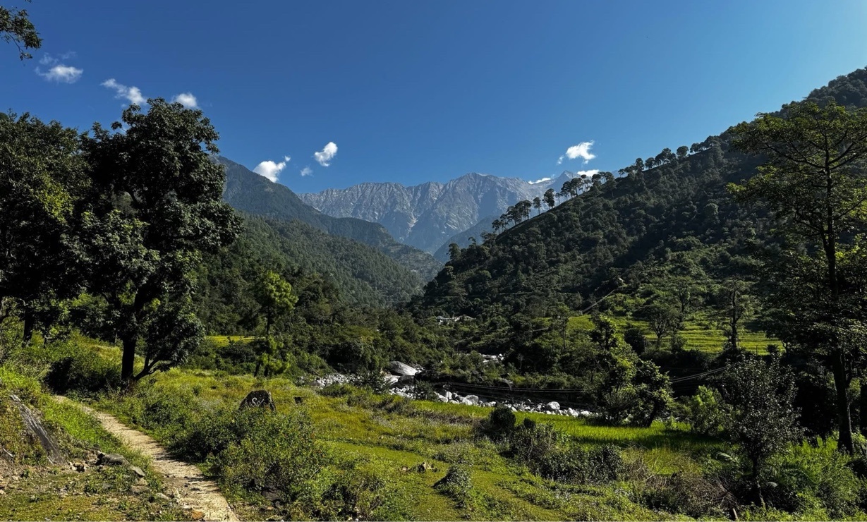 A path through green Himalayan foothills beneath the Dhauladhar mountains, from Jaipreet’s series poster
